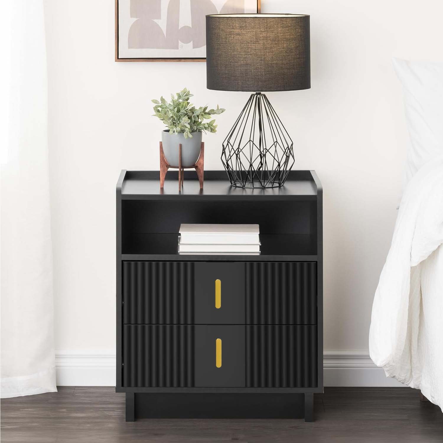 Bedside Table with 2 Drawers (Black)