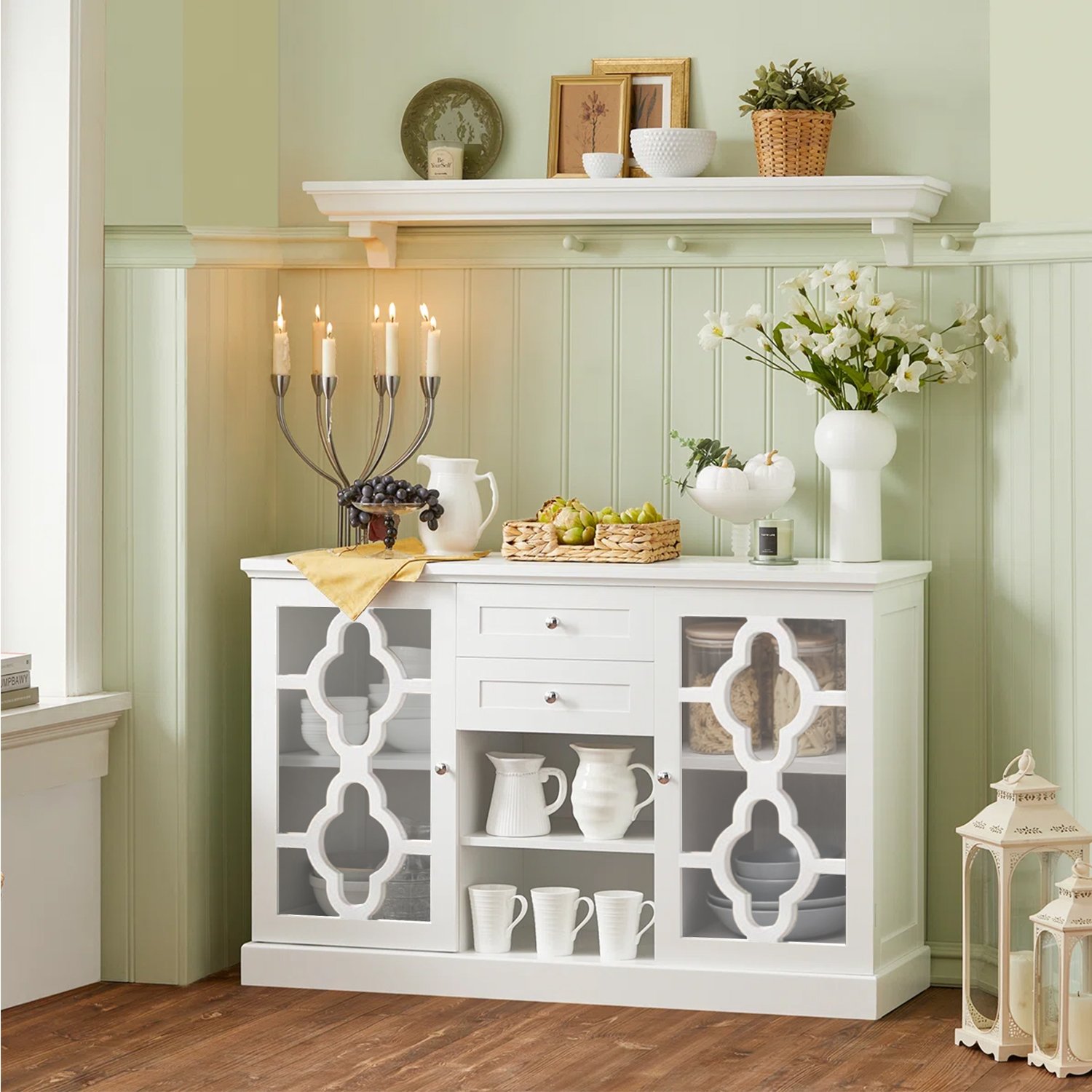 White Sideboard Buffet with Glass Doors
