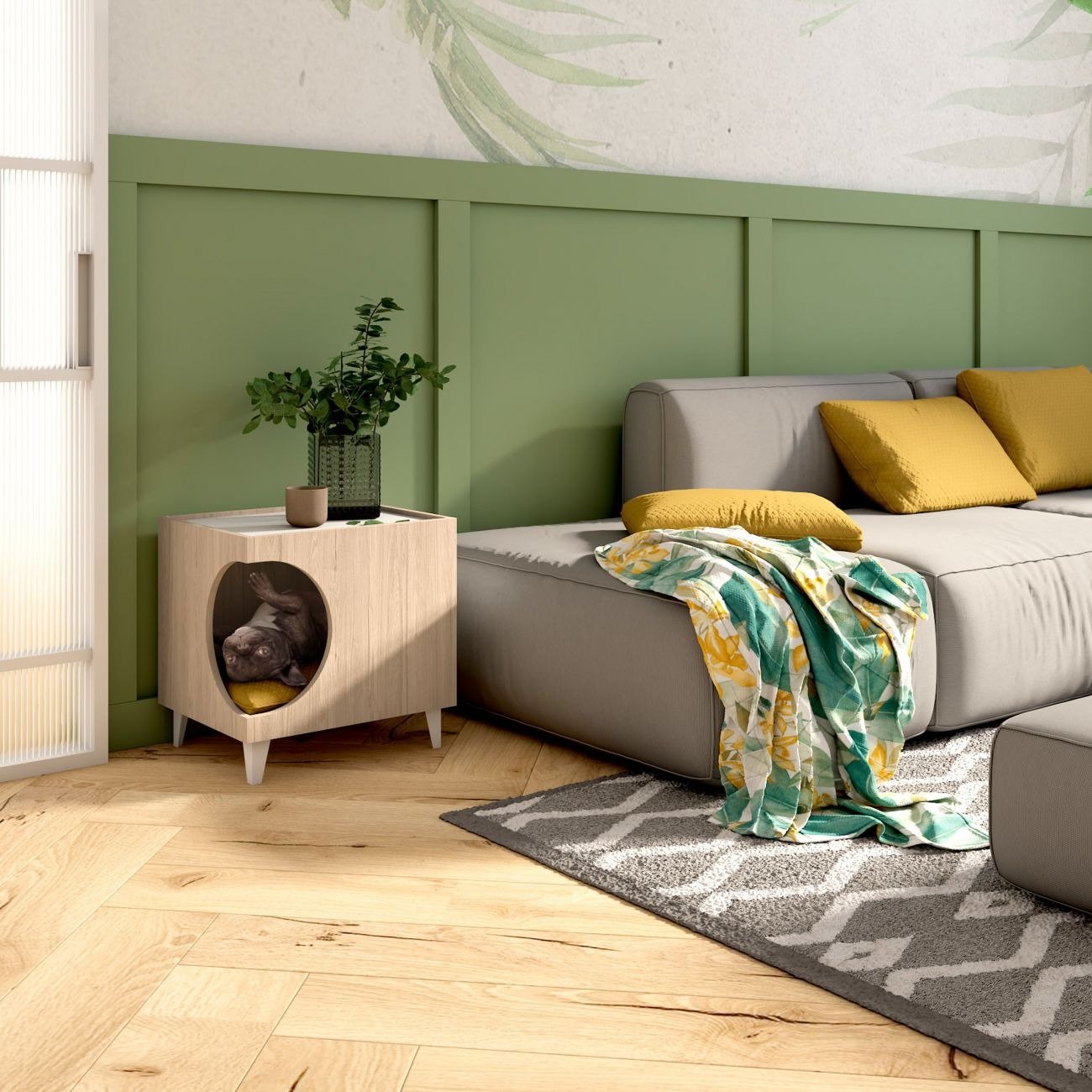 CAT House END Table Round Entry OAK White view 4