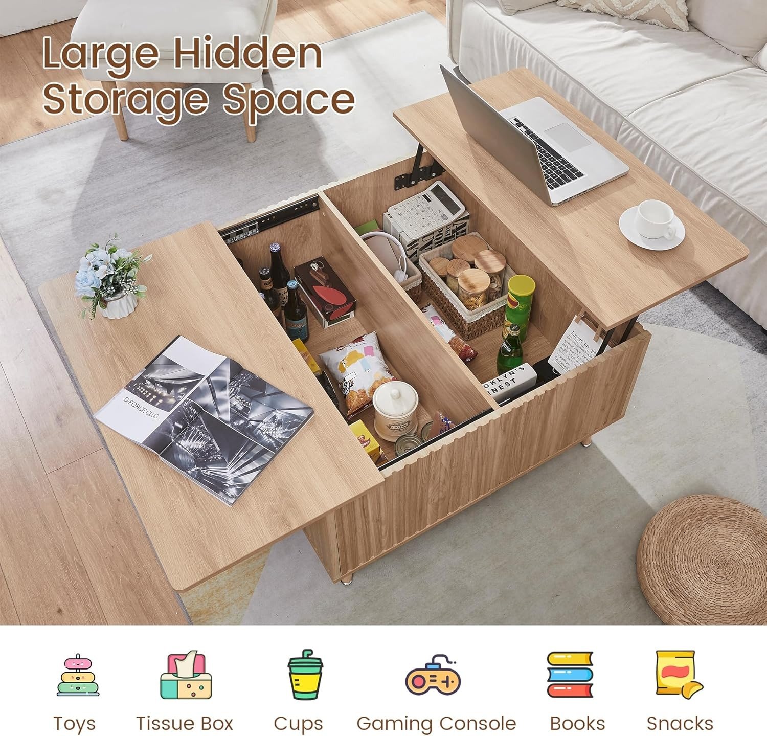 Lift TOP Coffee Table Storage OAK view 5