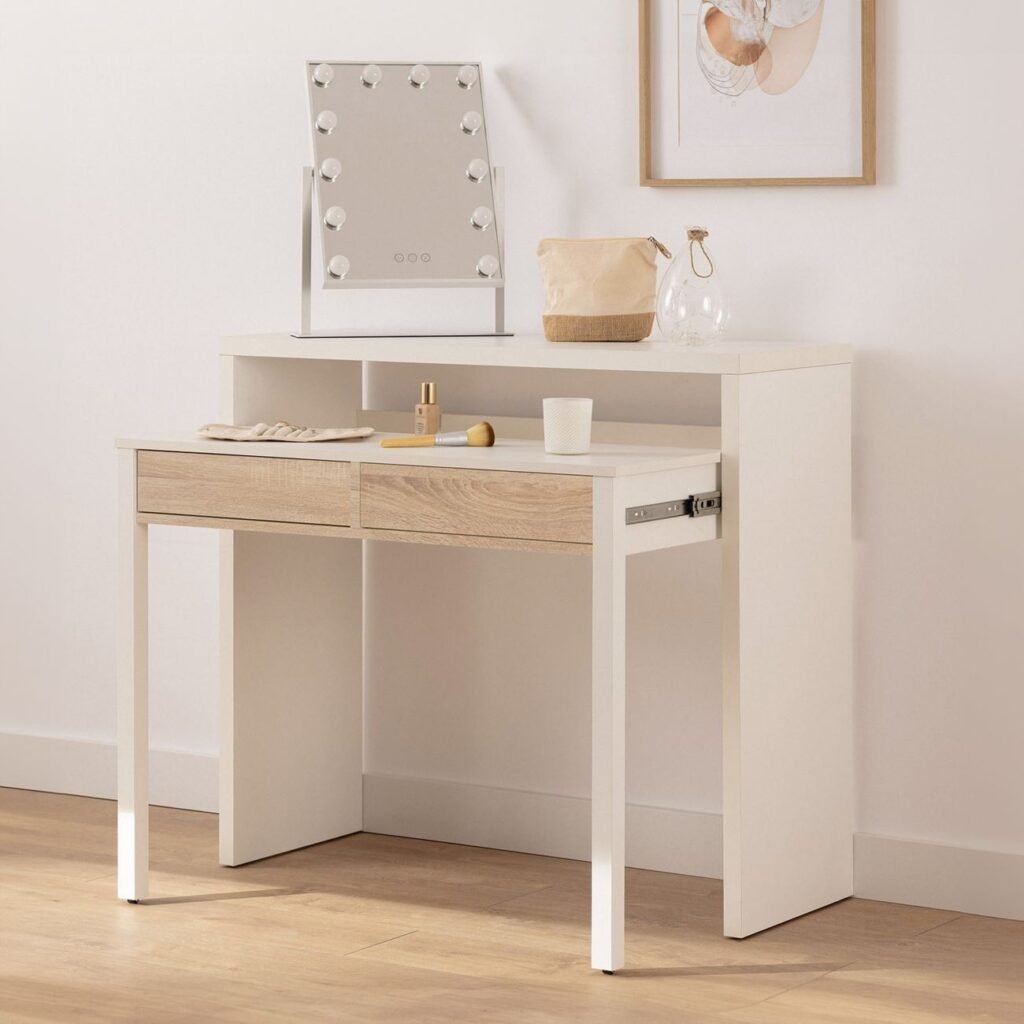 Extendable Vanity Table 2 Drawers Upper Shelf view 4