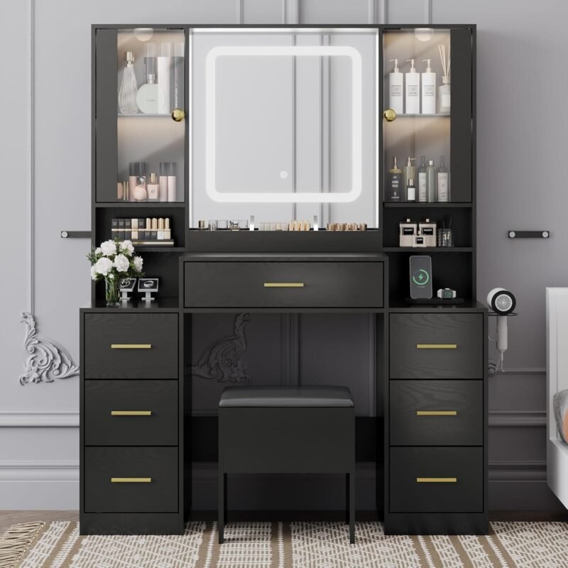 Black Vanity Table Lighted Mirror Glass Cabinets Drawers Stool