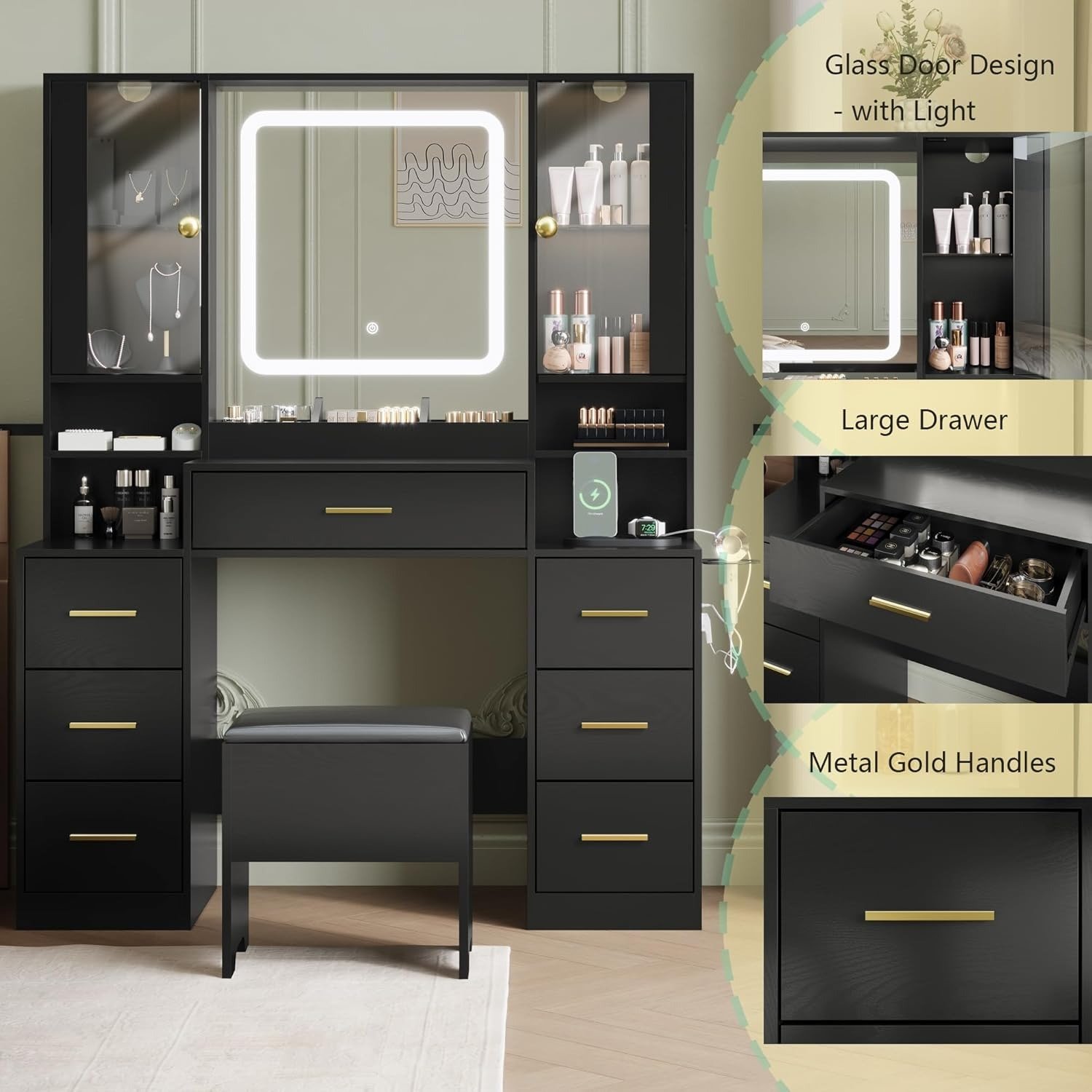 Black Vanity Table Lighted Mirror Glass Cabinets Drawers Stool view 2