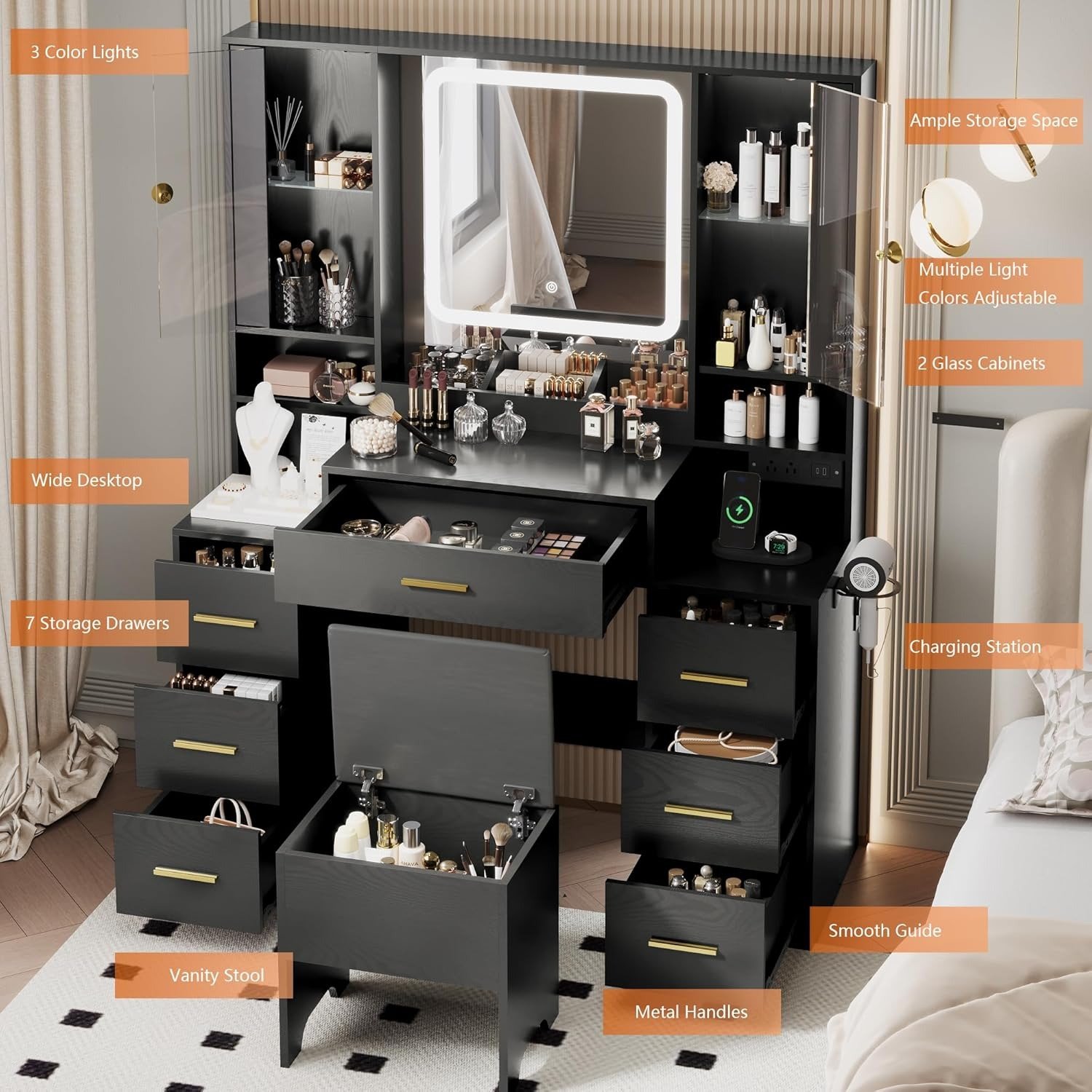 Black Vanity Table Lighted Mirror Glass Cabinets Drawers Stool view 3