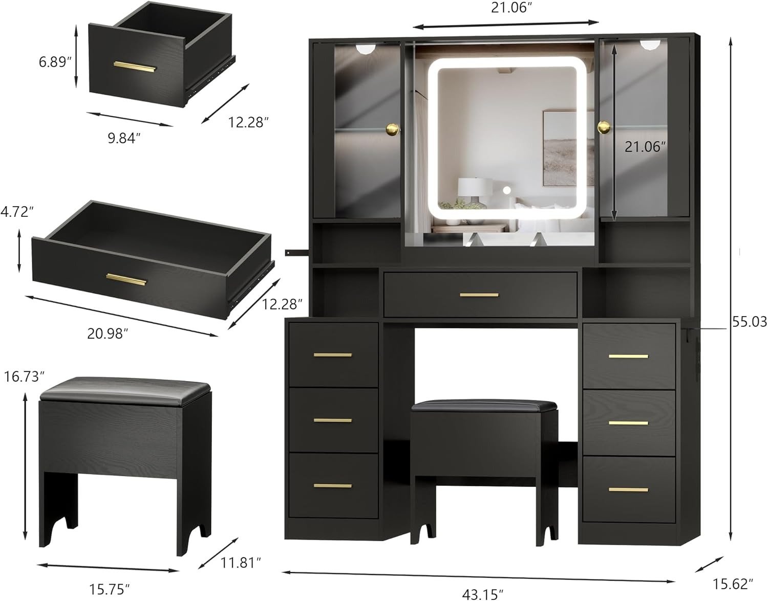Black Vanity Table Lighted Mirror Glass Cabinets Drawers Stool view 4